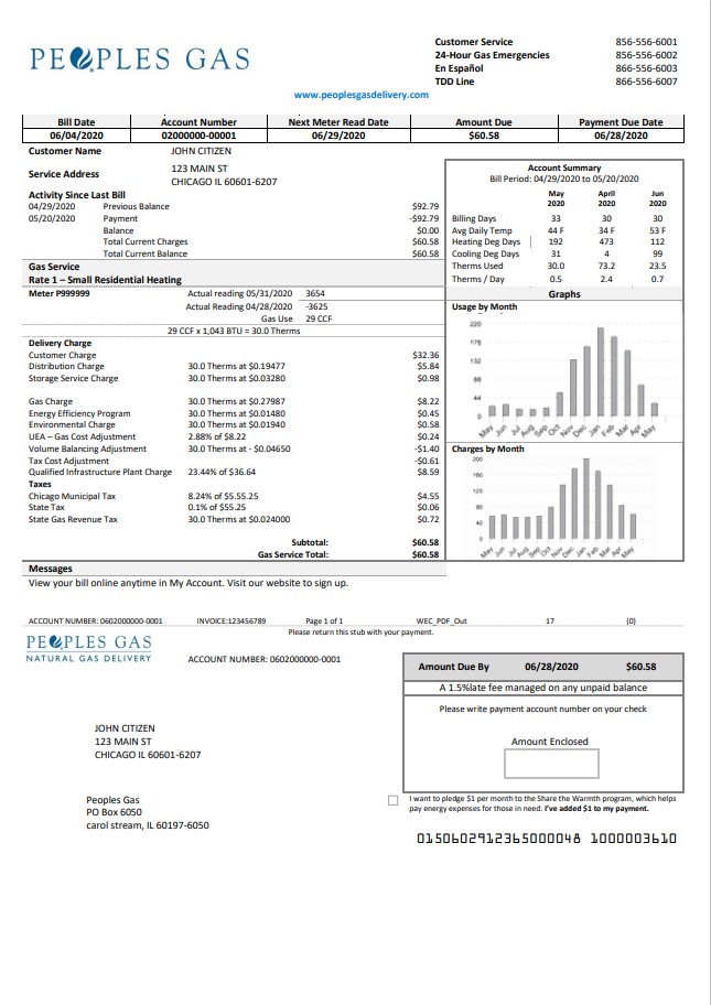 USA Illinois Peoples Gas utility bill template in Word and PDF format